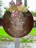 Hello Spring Door Hanger with Highland Cow