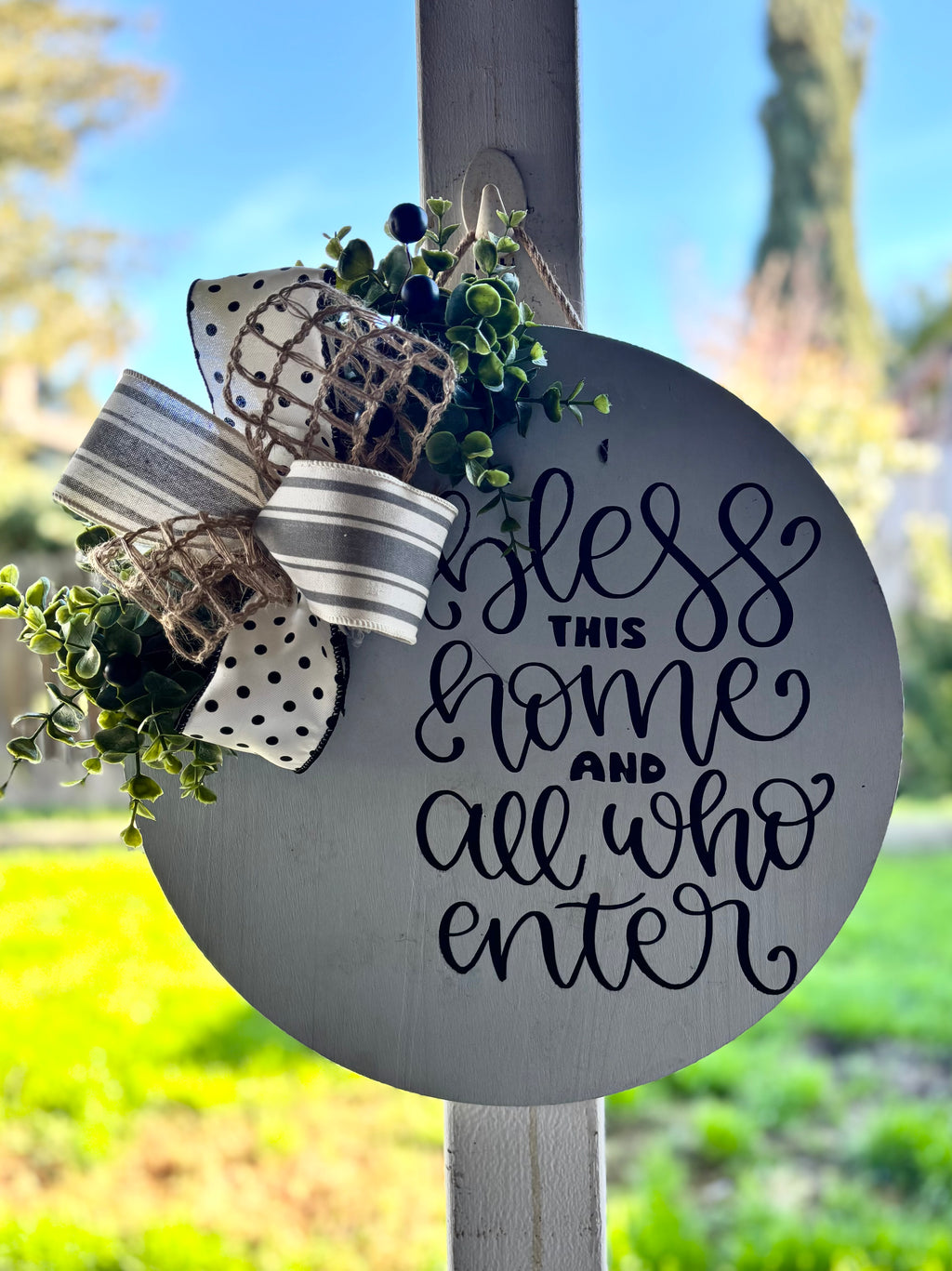 Bless this home and all who enter wooden door hanger